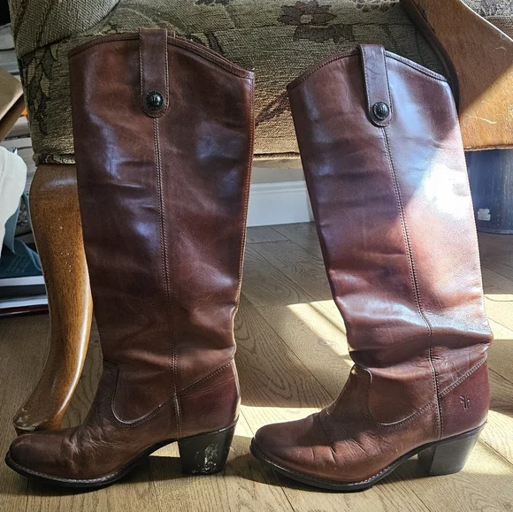 Frye Jackie Button Tall Boots 7.5 Cognac Brown Leather Western Riding - Picture 4 of 14